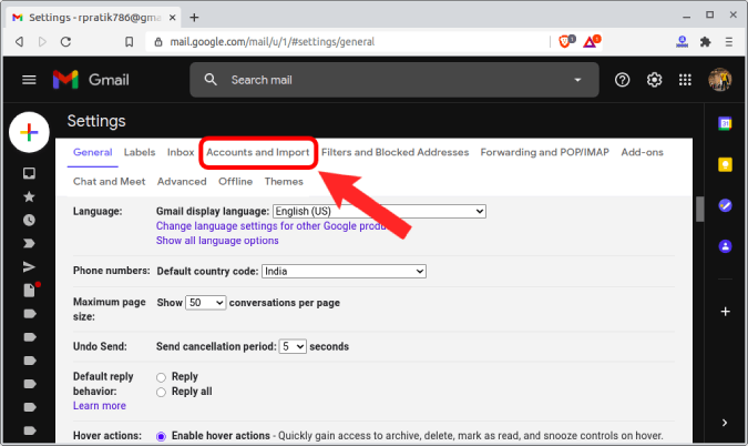 account and import tab on gmail