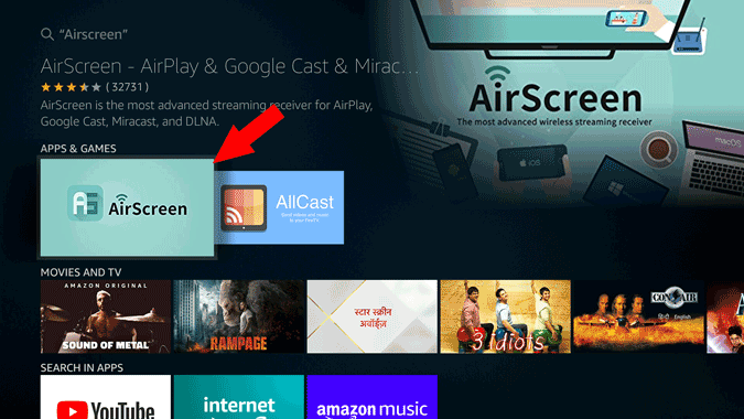 Search for Airscreen on Fire TV