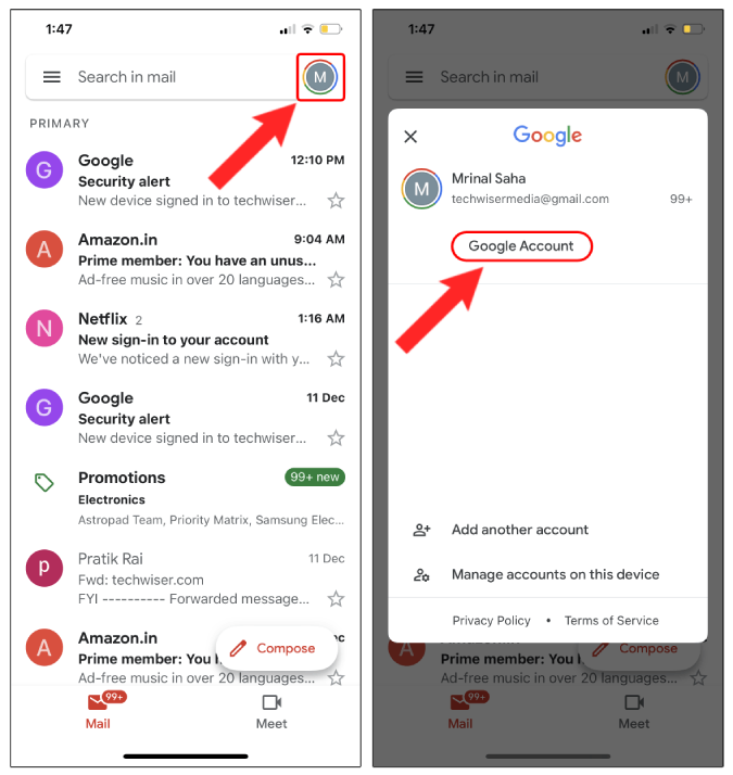 profile icon and google account in gmail