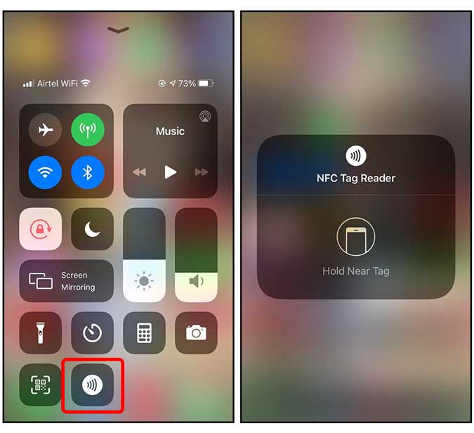 nfc scanning on iPhone 7 in Control Center