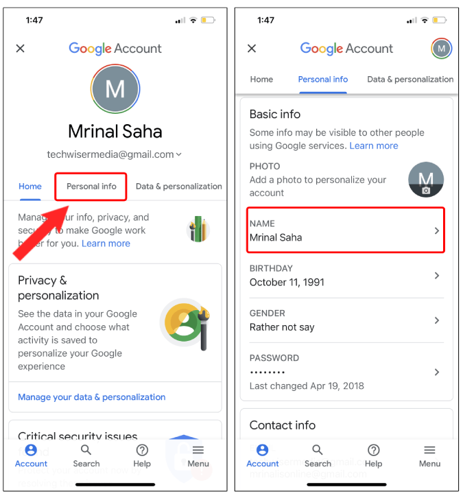 google account settings and personal info