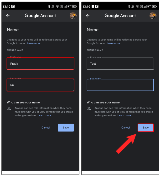 change gmail name and save changes