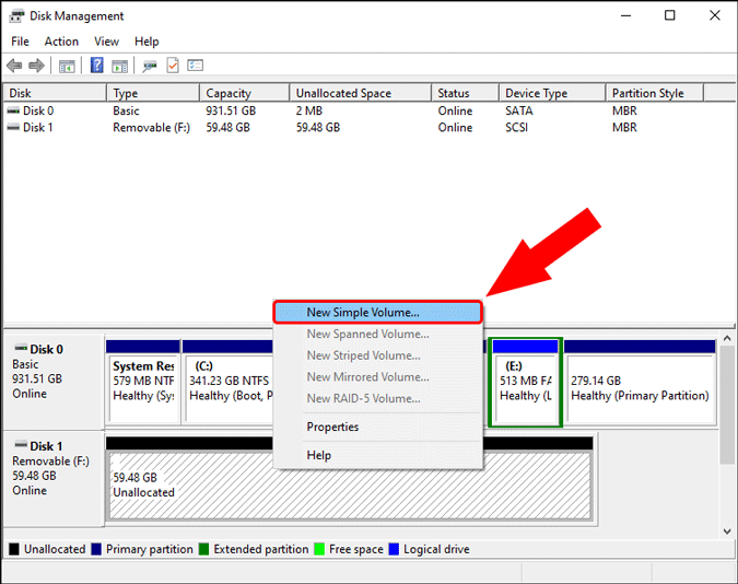 create new simple volume in disk management