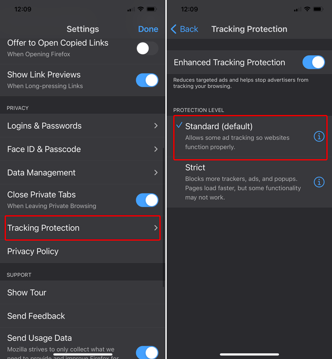standard tracking protection in firefox on ios
