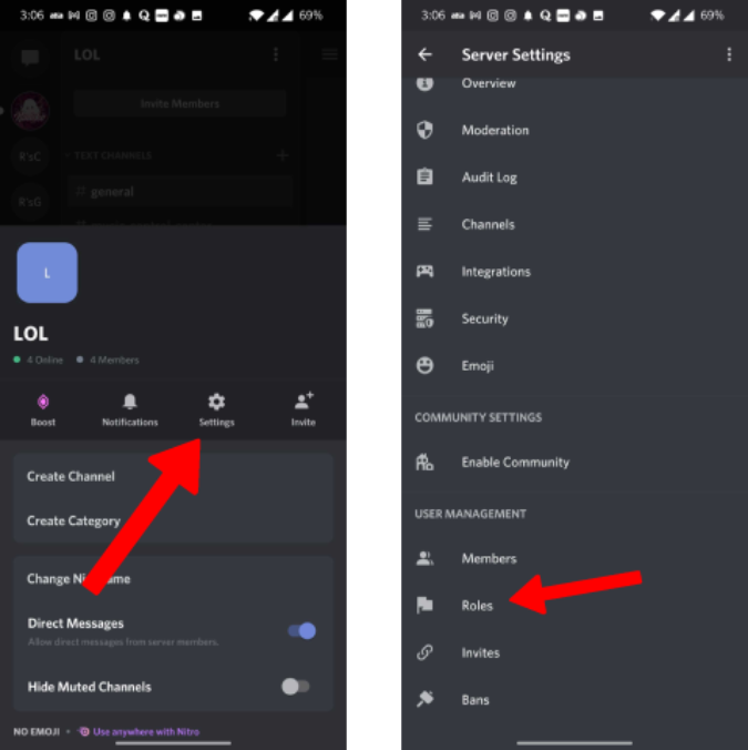 Opening Roles in Discord Server Settings 