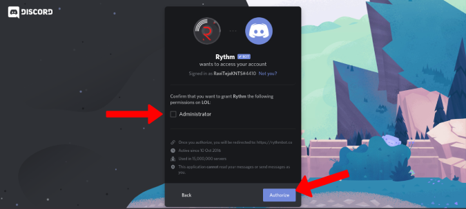 disable admin permissions on discord