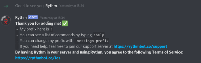 Rythm welcome message on Discord server