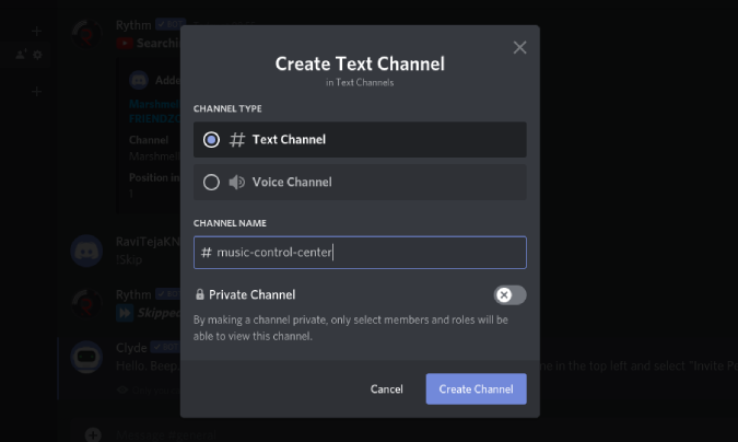 Creating a text channel for music control