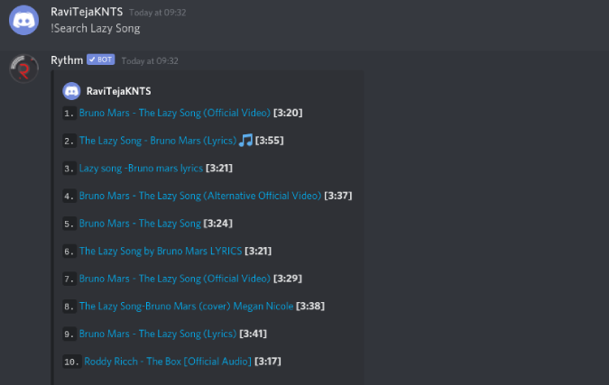 search youtube songs Rythm on discord