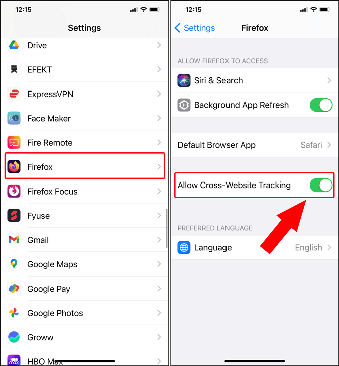 firefox cookies and tracking settings on ios