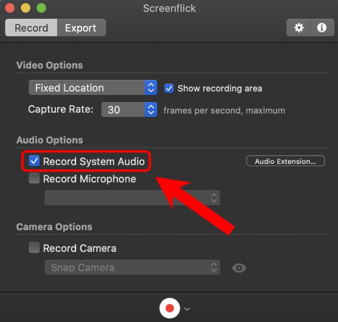 select record system audio option