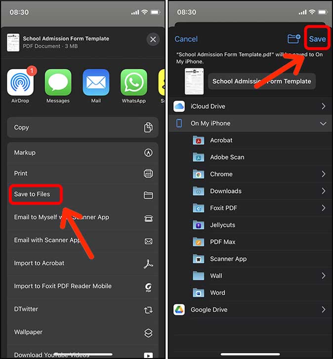 save PDF form to files app on iphone