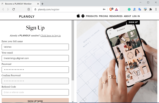 Planoly Sign Up Page
