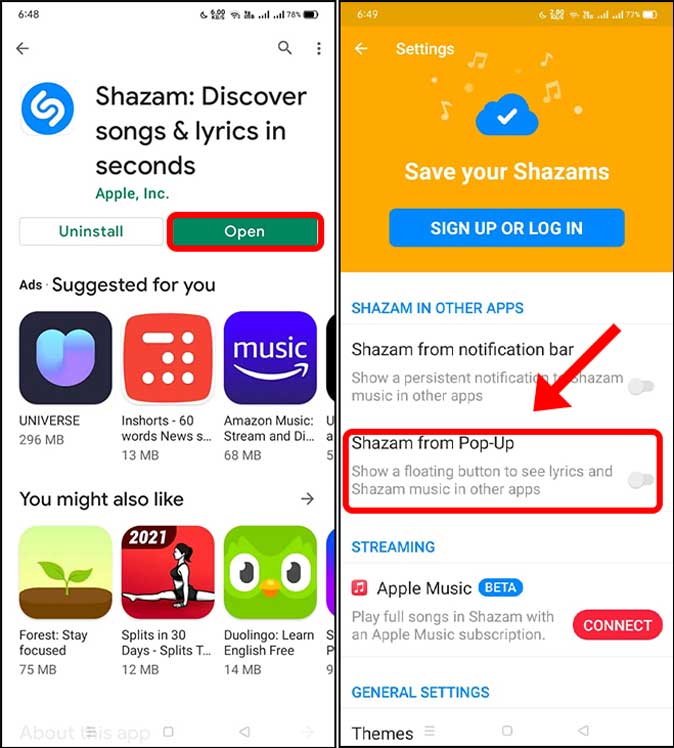 shazam from pop-up on android