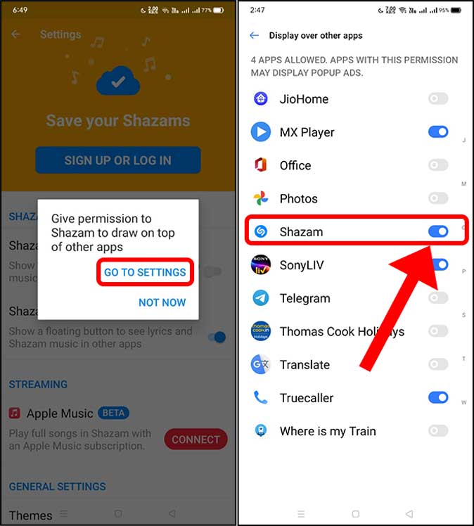 enable shazam to draw over other apps
