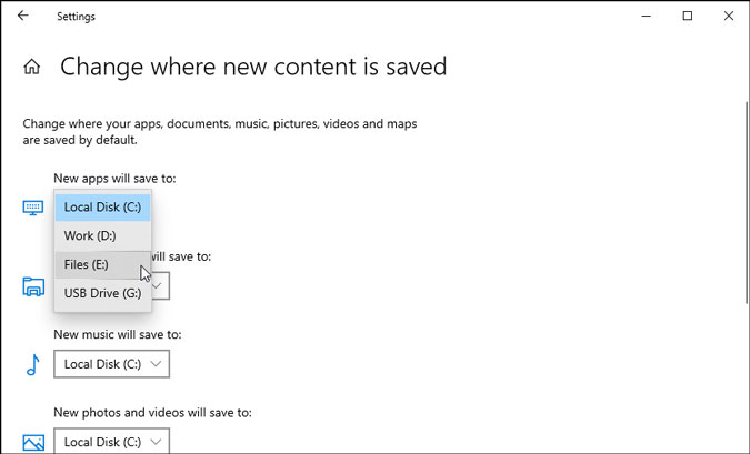 choose location to save new apps windows settings