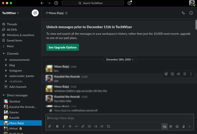 Upgrade option on Slack for Chat history