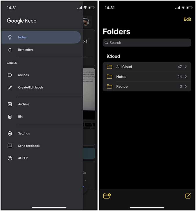 Folders and Labels: Google Keep vs Apple Notes