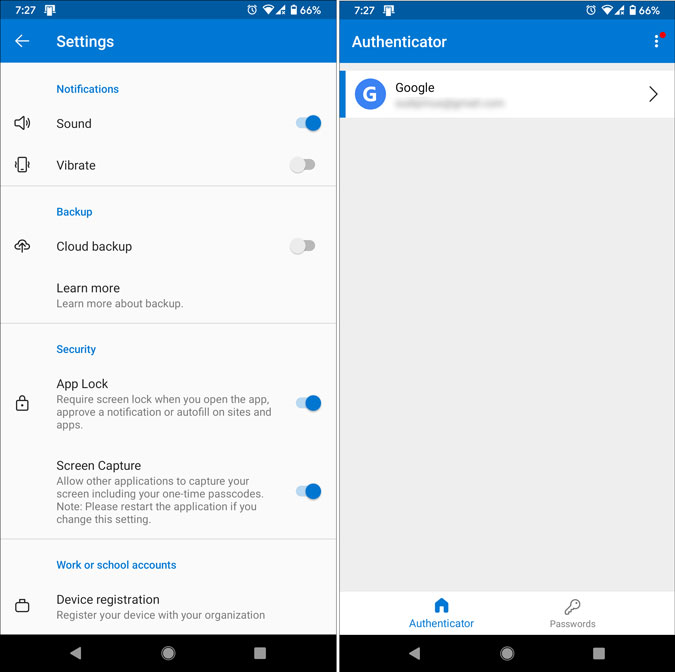 microsoft authenticator for android settings panel