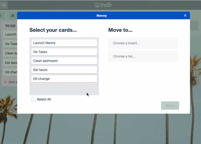 move multiple cards at once with Manny Trello Power-Up