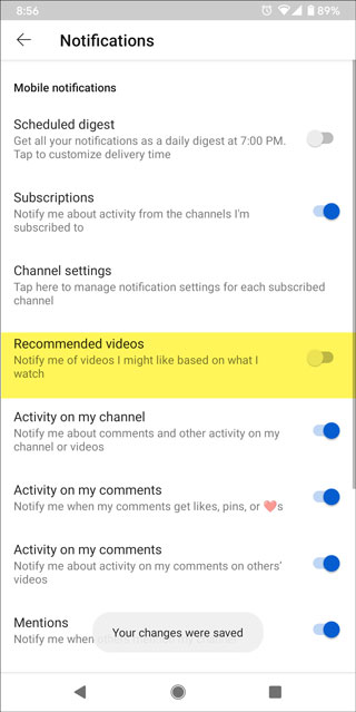 disable youtube recommended videos notifications on android