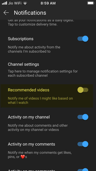 disable youtube recommended videos notifications on ios