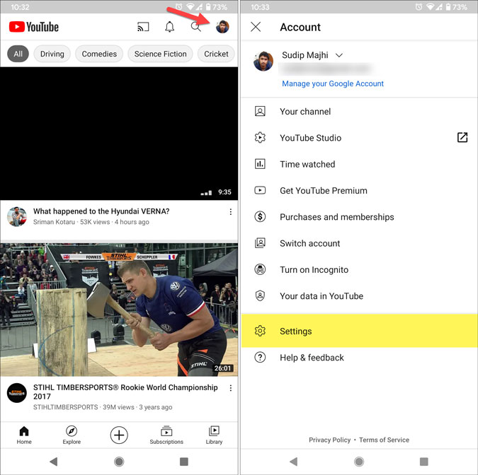 open youtube settings on android