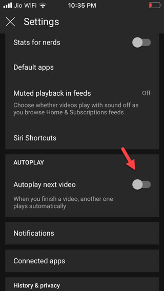 turn off autoplay on youtube on ios