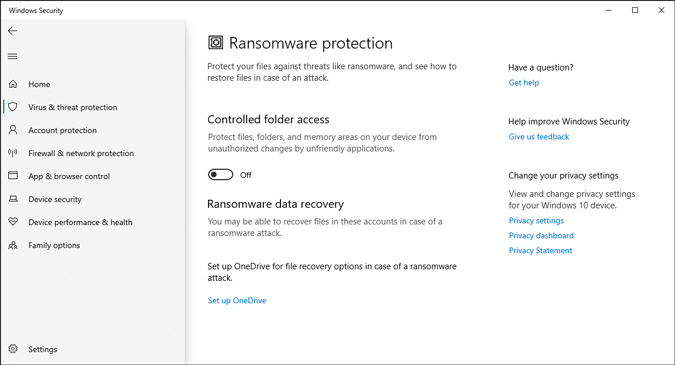 ransomware protection settings in microsoft defender in windows 10