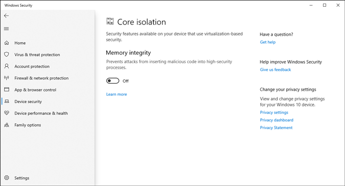 core isolation settings in microsoft defender