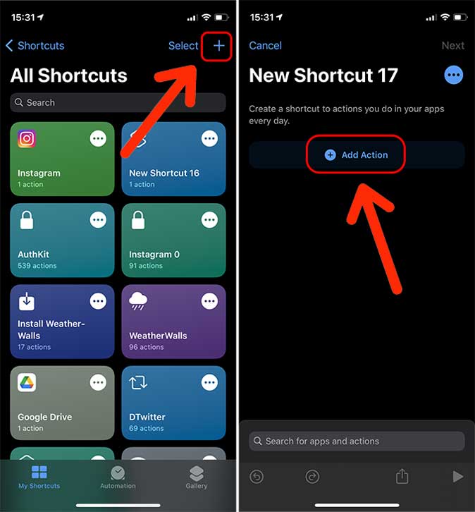 create new action in shortcuts app in ios