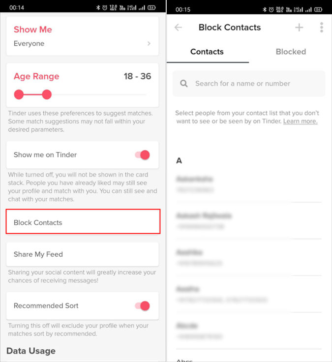 Block Contact option on Tinder 