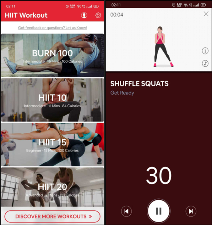 hiit wokrouts and timer app ui