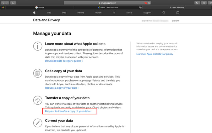 Apple's Request to transfer a copy of your data option 