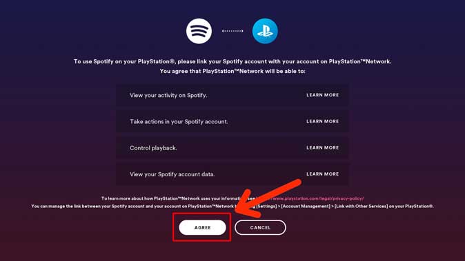 Spotify ps5 login agreement page