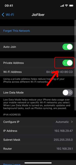 disable private address in iPhone Wi-fi settings