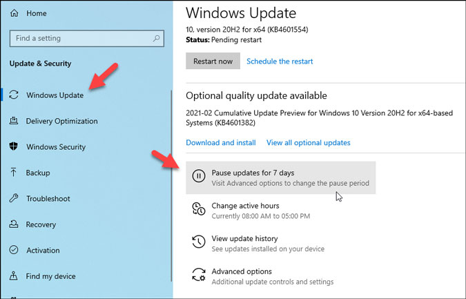 pause windows 10 update download