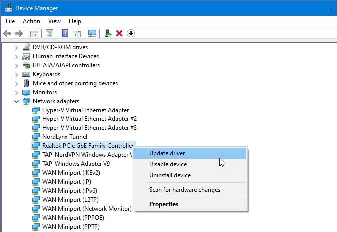 update network adapter driver from device manager