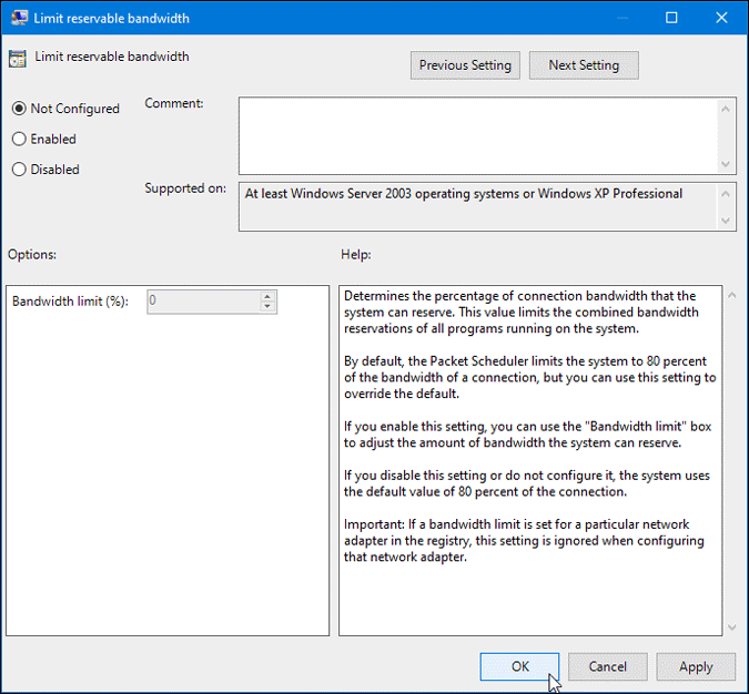 disable limit reservable bandwidth settings on windows 10