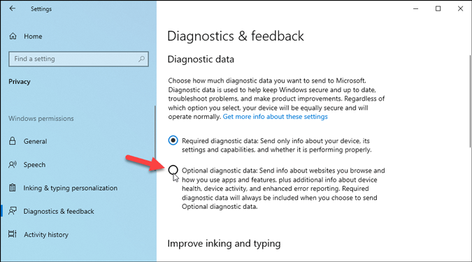 diagnostics feedback settings panel windows 10