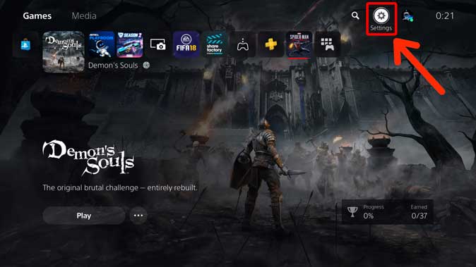 Settings icon on PS5 home screen