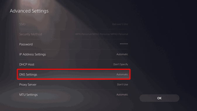 Select Manual DNS and add custom DNS addresses on PS5