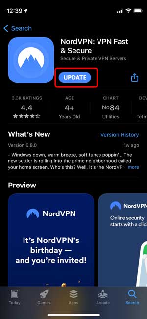 update the vpn app in app store
