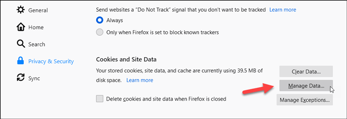 manage website data on firefox