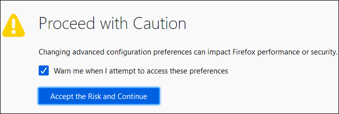 firefox preferences warning message