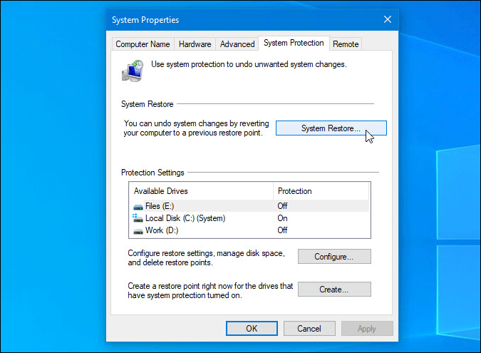 use system restore point in windows 10