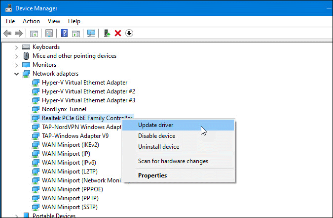 update network driver on windows 10