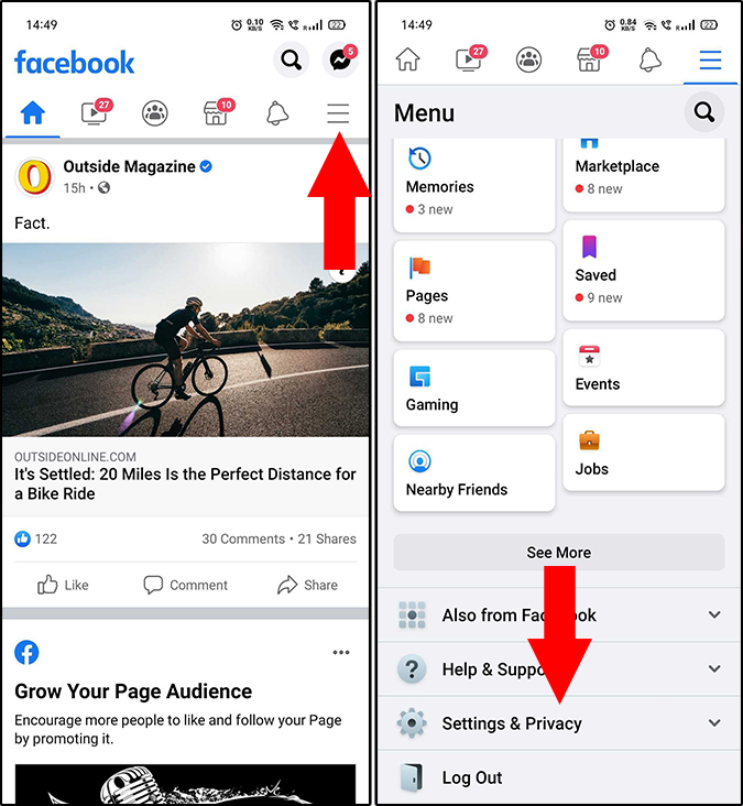 Facebook app's Settings & Privacy option