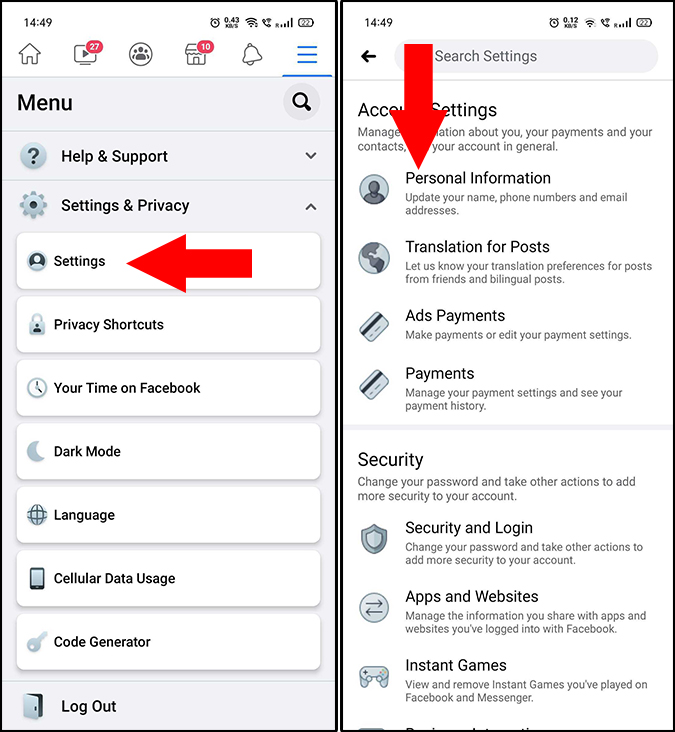Account Settings on Facebook mobile app 