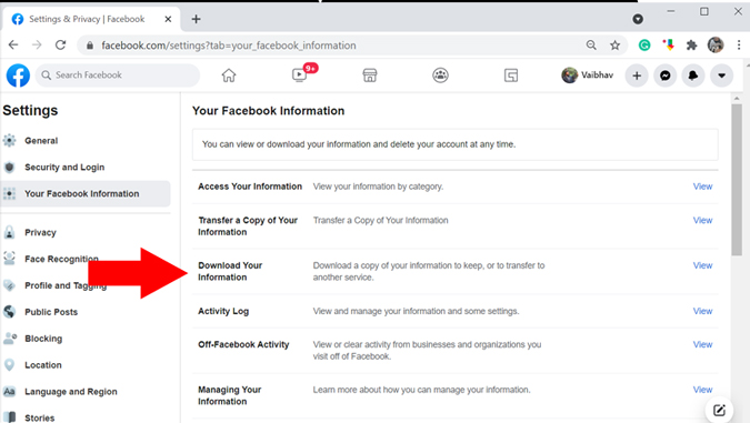 Download a copy of Facebook data option 